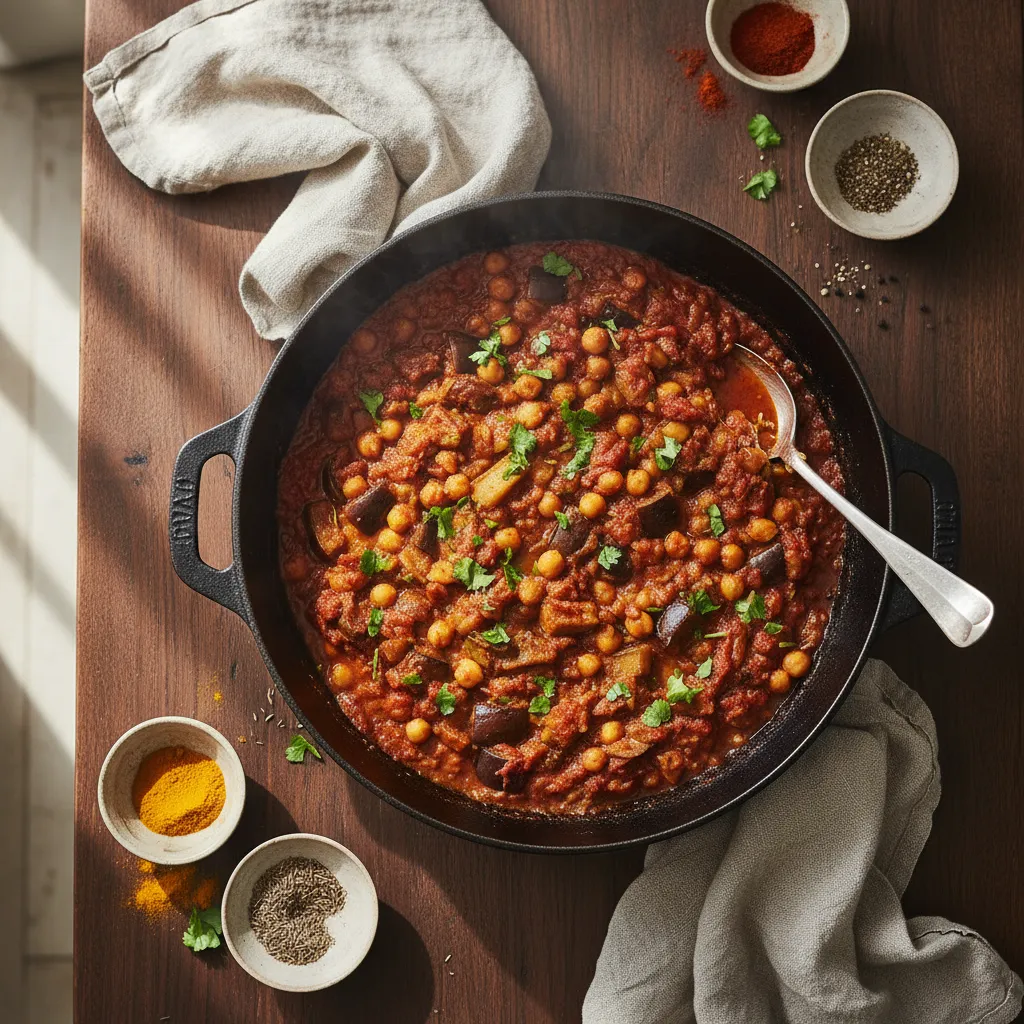 One pot vegan eggplant chickpea stew in cast iron cookware