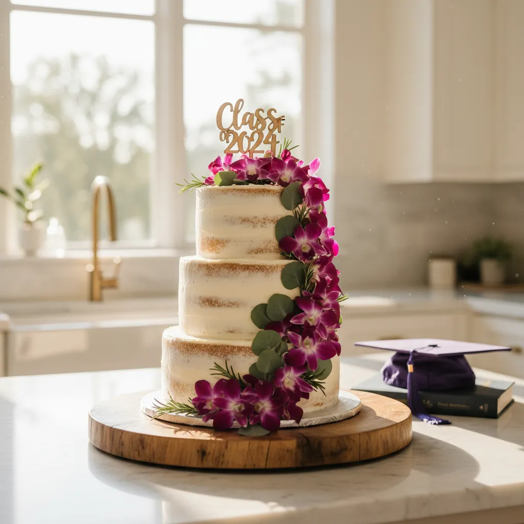 Rustic semi-naked graduation cake with purple flowers on a wood stand