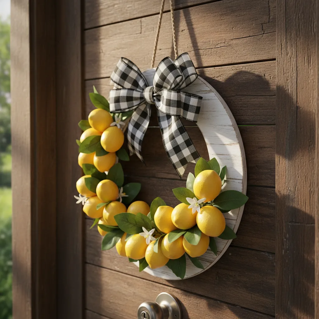 Handmade wooden round door hanger with lemons and ribbon on a rustic front door