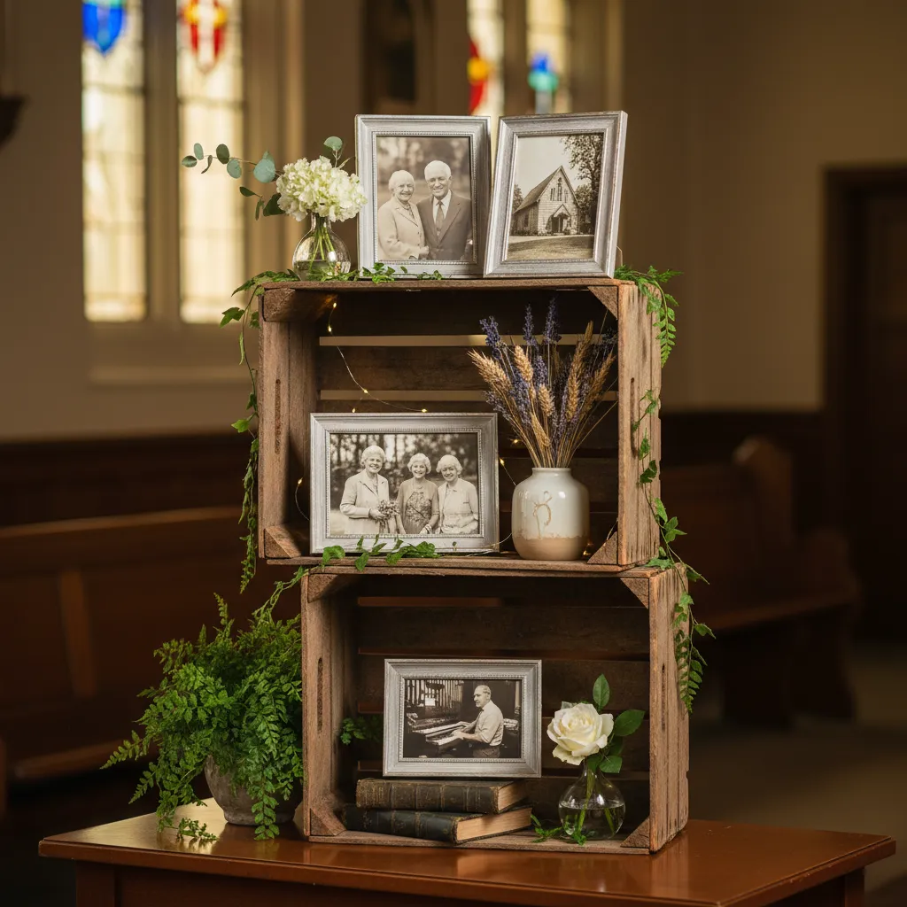 Stacked wooden crates used as risers for table display