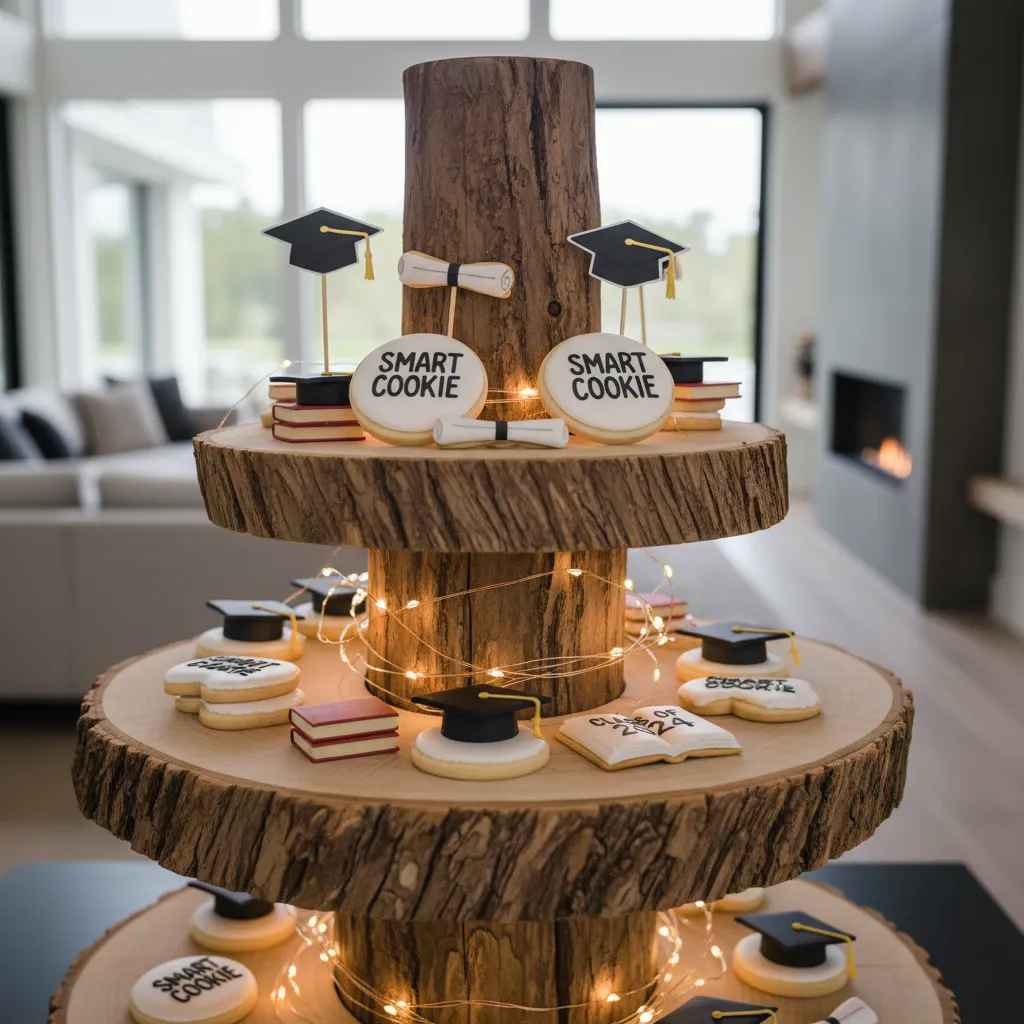 Close up of raw wood tiered tray with warm fairy lights