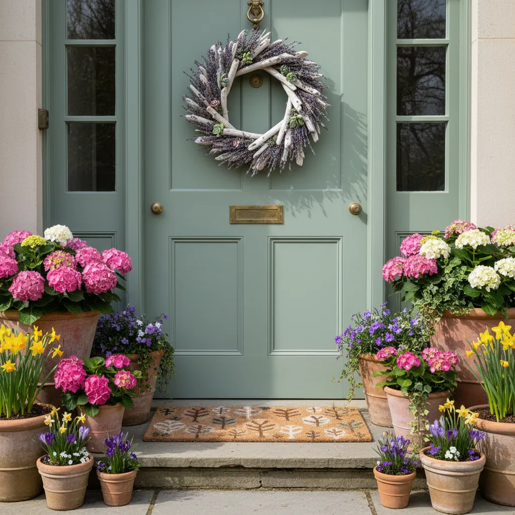 Sage green front door decorated with a handmade dried lavender and driftwood wreath for spring
