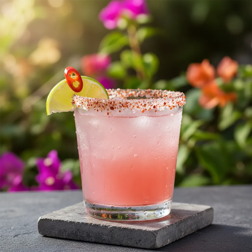 Hand-blown glass tumbler with chili salt rim holding a pink cocktail against a garden background