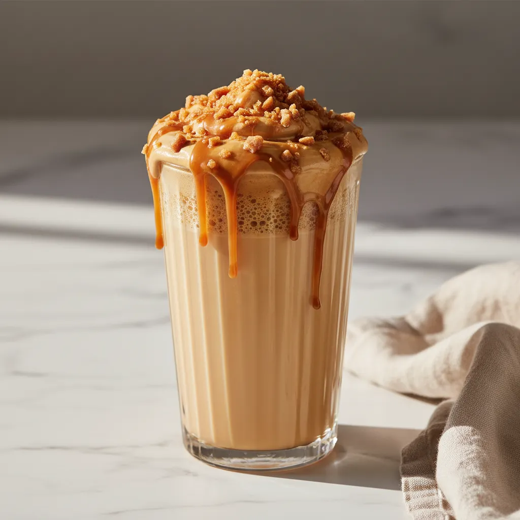 Salted caramel whipped coffee topped with crunchy toffee bits in a fluted glass