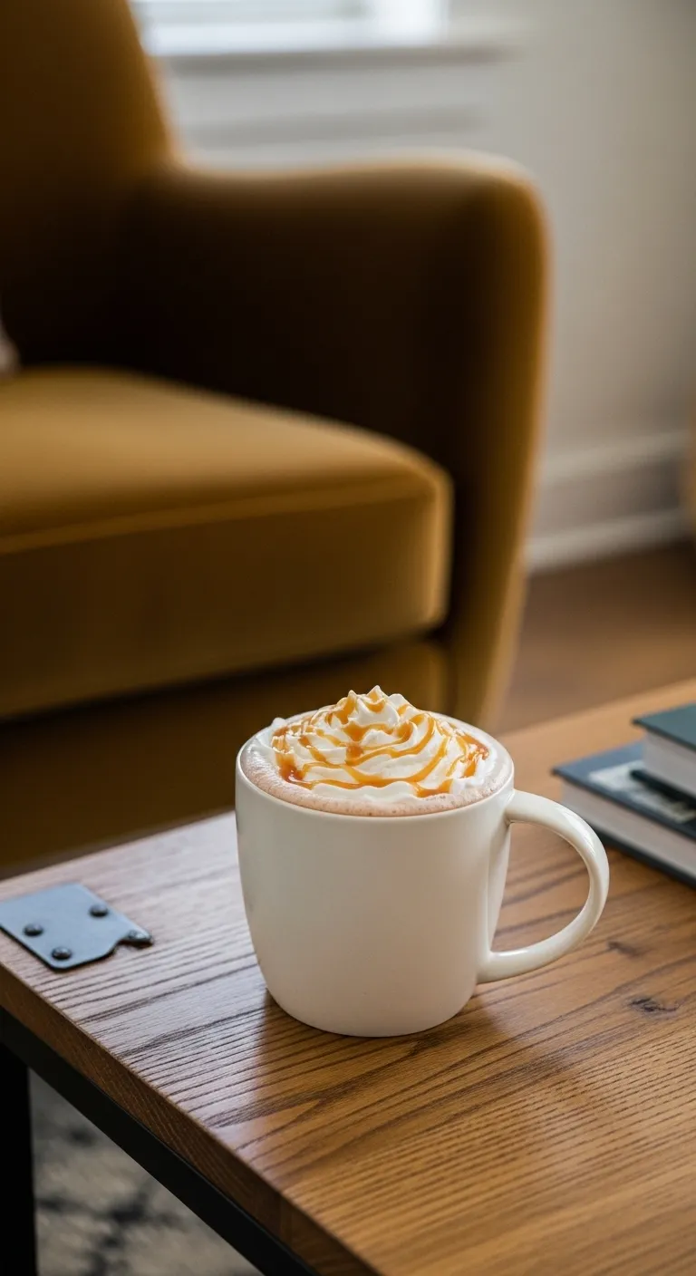 Salted caramel white hot chocolate in a ceramic mug on a rustic table