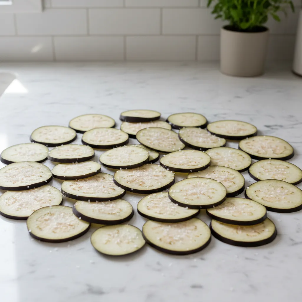Sliced eggplant on marble counter with salt for moisture removal