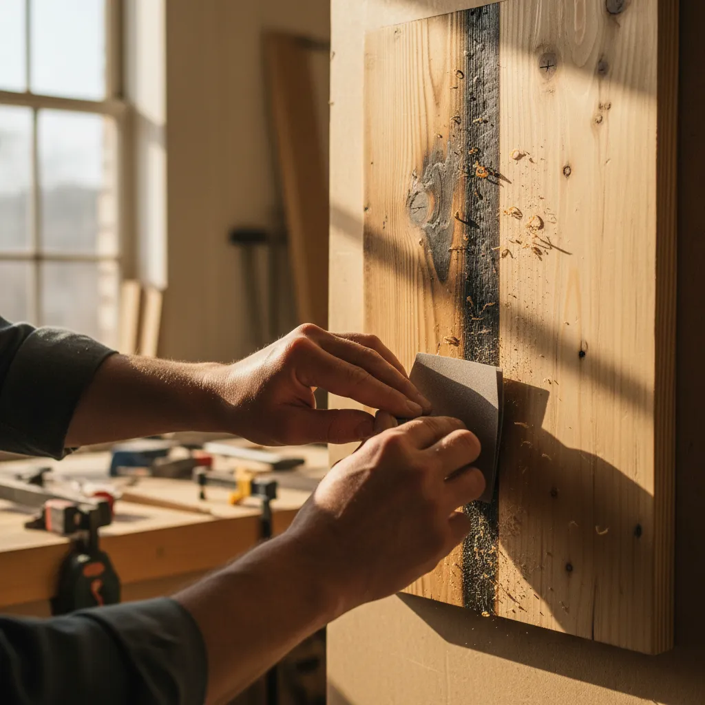 Hand sanding a burned pine wood piece to fix mistakes