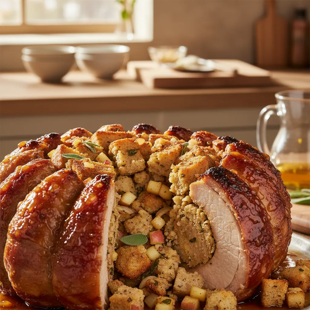 Close up of savory herb and apple stuffing texture inside a raw pork crown roast