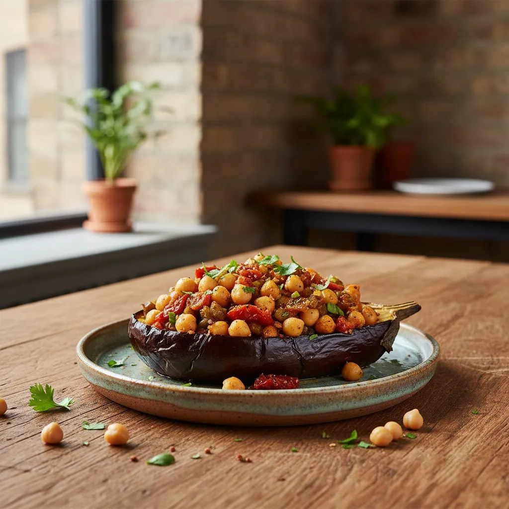Roasted eggplant boat filled with spiced chickpeas on a rustic wooden table