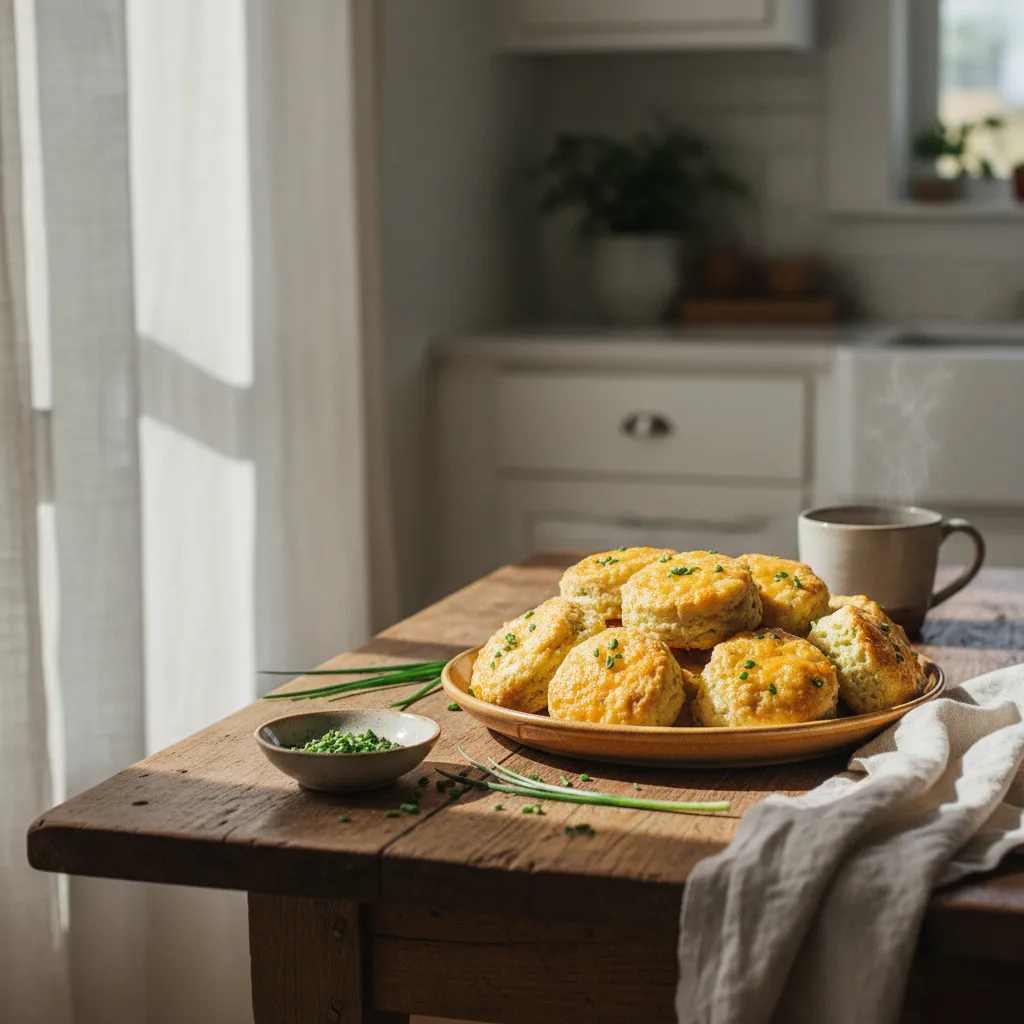 Golden cheddar and chive gluten free biscuits on a rustic ceramic platter
