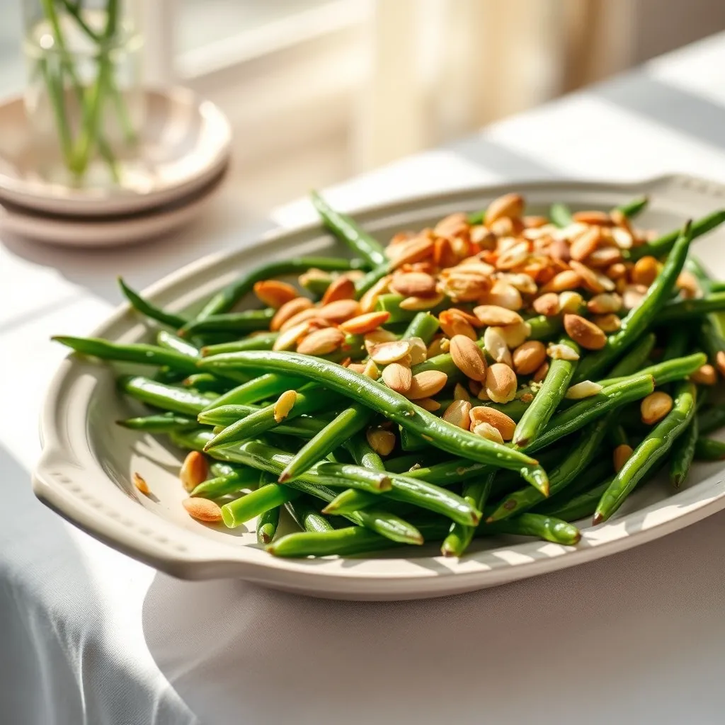 A beautiful platter of green beans almondine on an elegant Easter table.