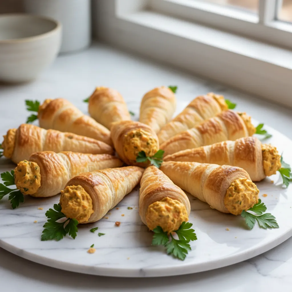 Golden puff pastry horns shaped like carrots filled with savory orange cream cheese