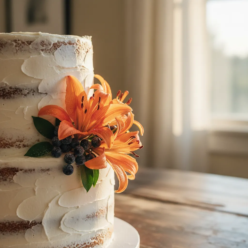 Close up of school-colored flowers on a rustic tiered cake