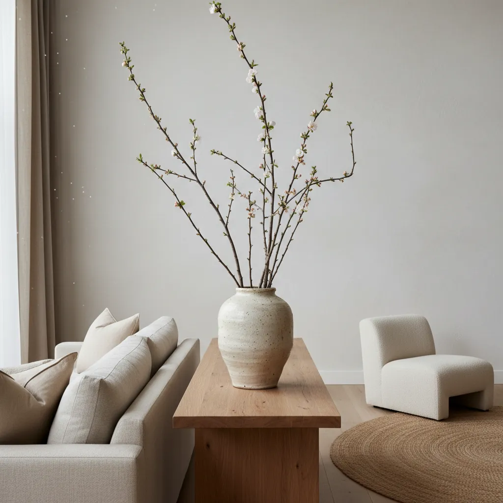 Large ceramic vase with tall flowering branches on a wooden console table