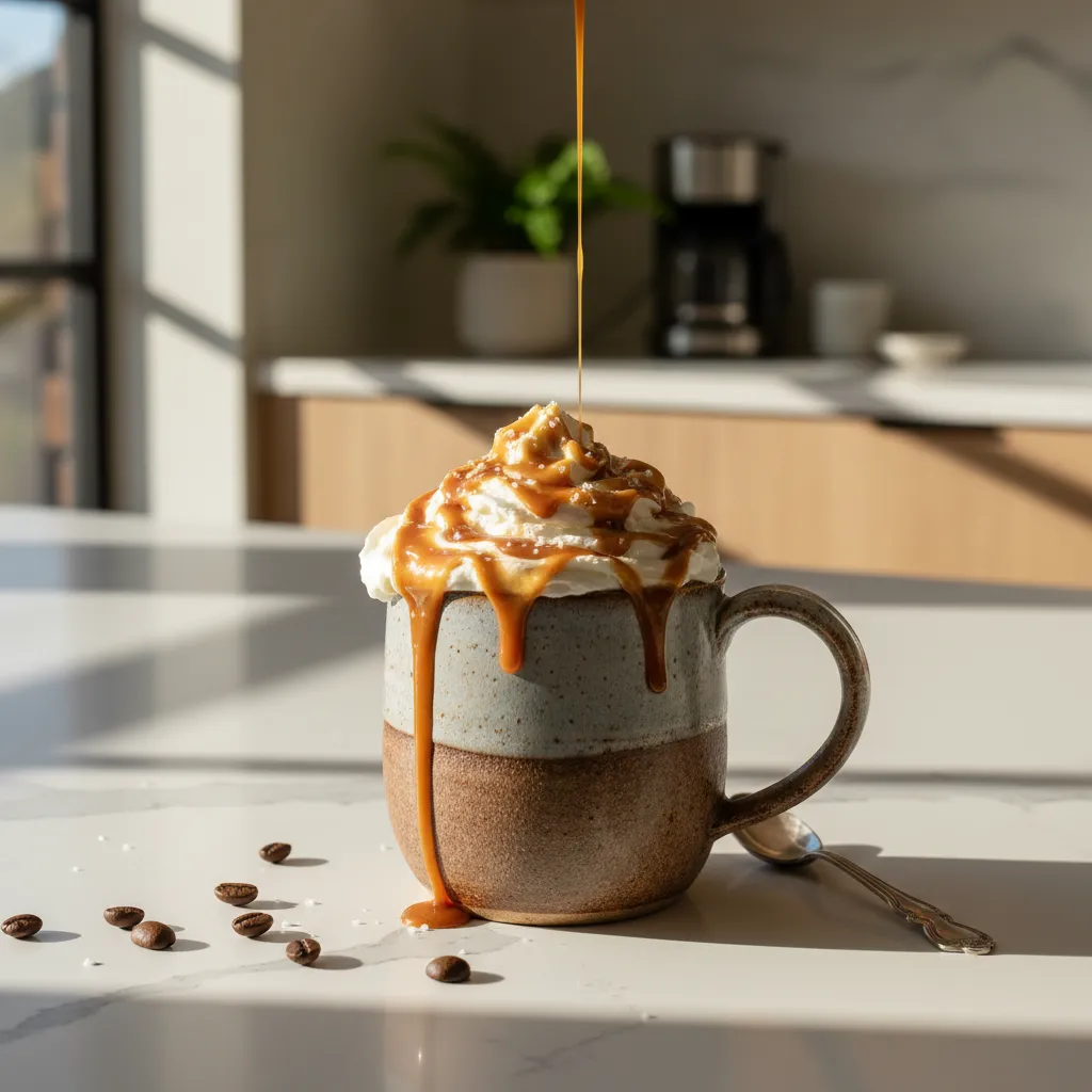 Ceramic mug with sea salt caramel mocha and whipped cream on quartz counter