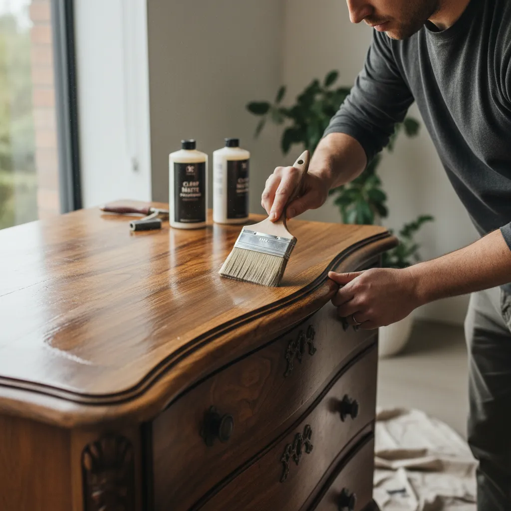 Applying waterproof sealant to a vintage wooden dresser top