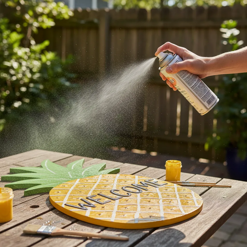 Applying clear spray sealant to wooden pineapple sign for weather protection