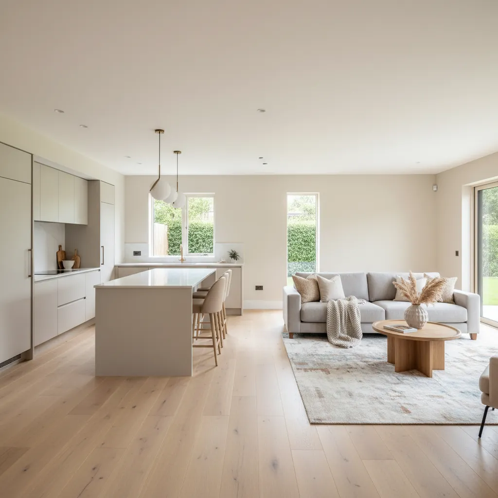 Modern open kitchen and living room with continuous pale oak flooring and neutral decor