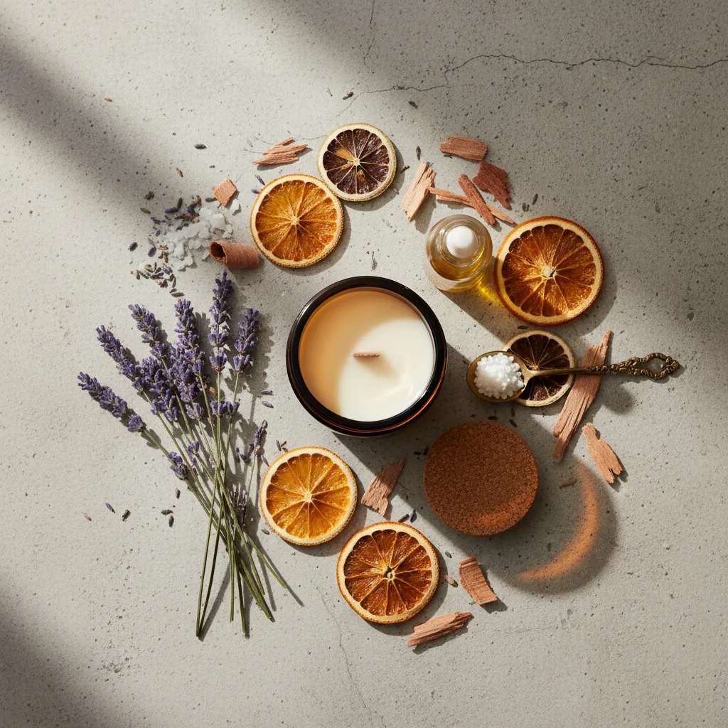 Flat lay of lavender cedar and citrus candle ingredients