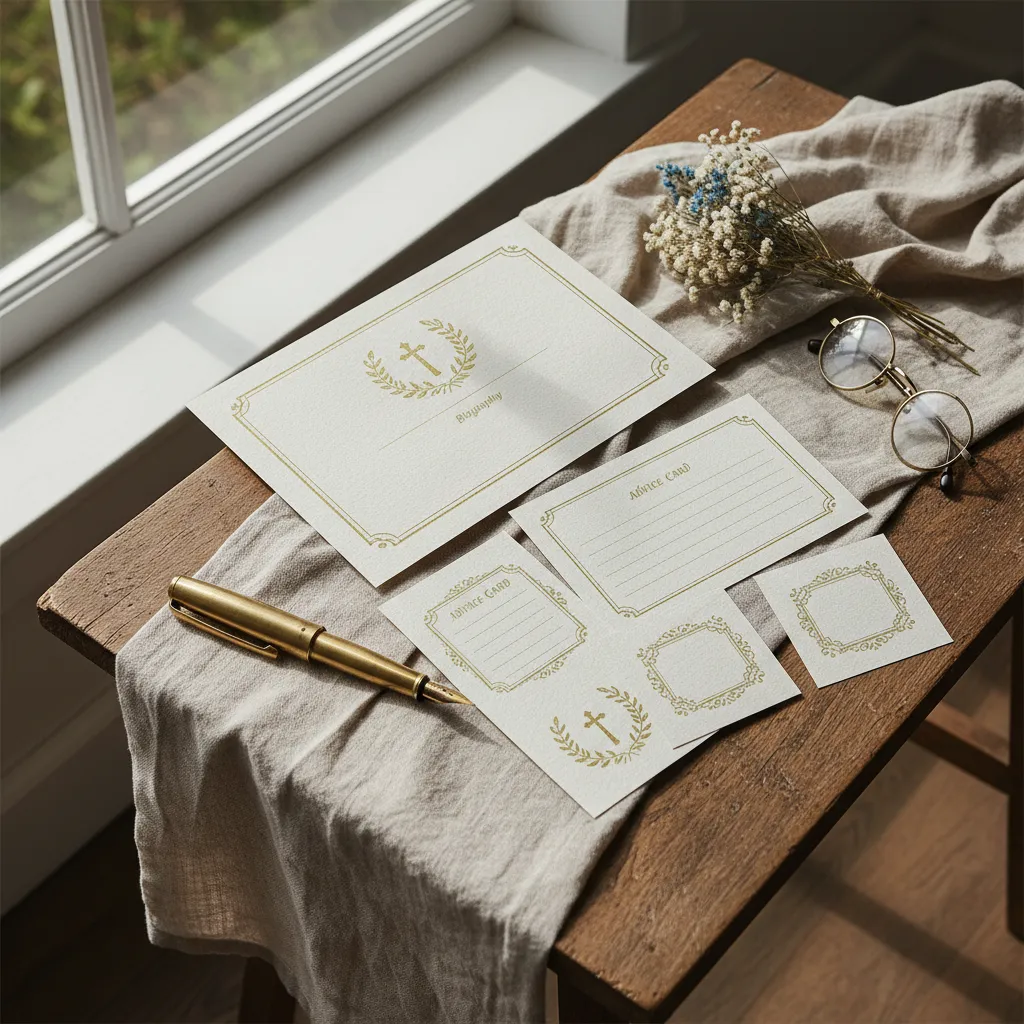 Flat lay arrangement of senior biography and advice cards on linen paper