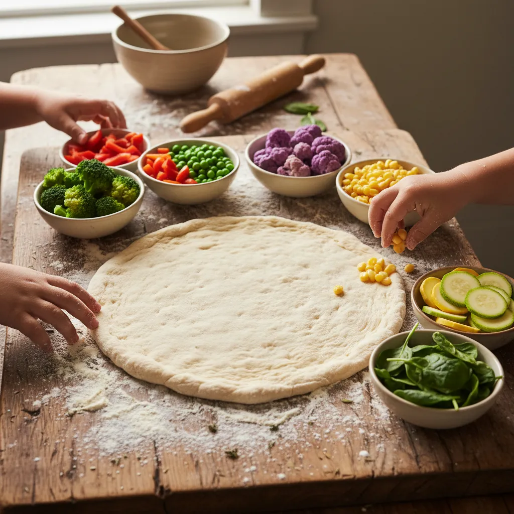 Close up of pizza dough and colorful vegetable toppings on a wood table