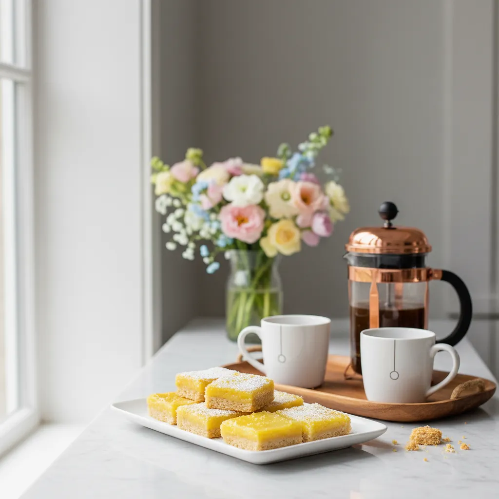 Styled coffee bar setting with lemon bars and spring decor