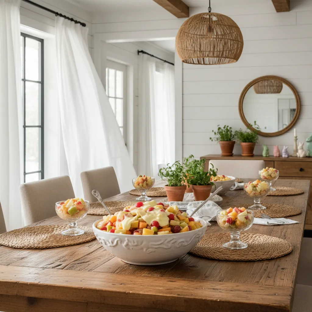 Ceramic bowl of Easter fruit salad placed on a wooden dining table