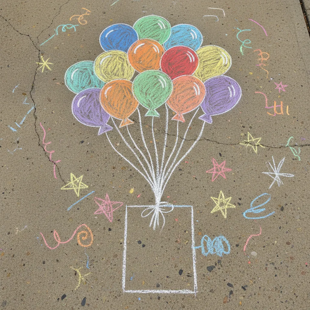 Creative sidewalk chalk ideas showing a balloon bunch backdrop on a driveway