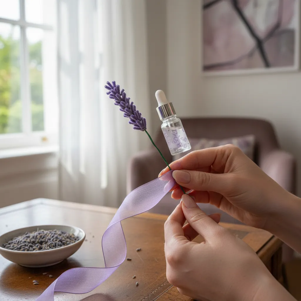 Handcrafted floral stem being wrapped in shimmering green silk ribbon