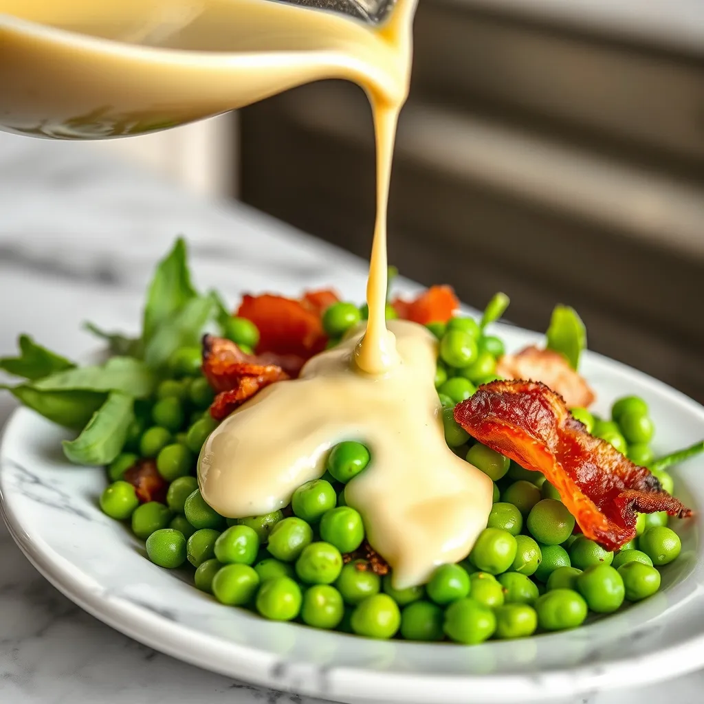 Creamy dressing drizzled over spring peas on marble