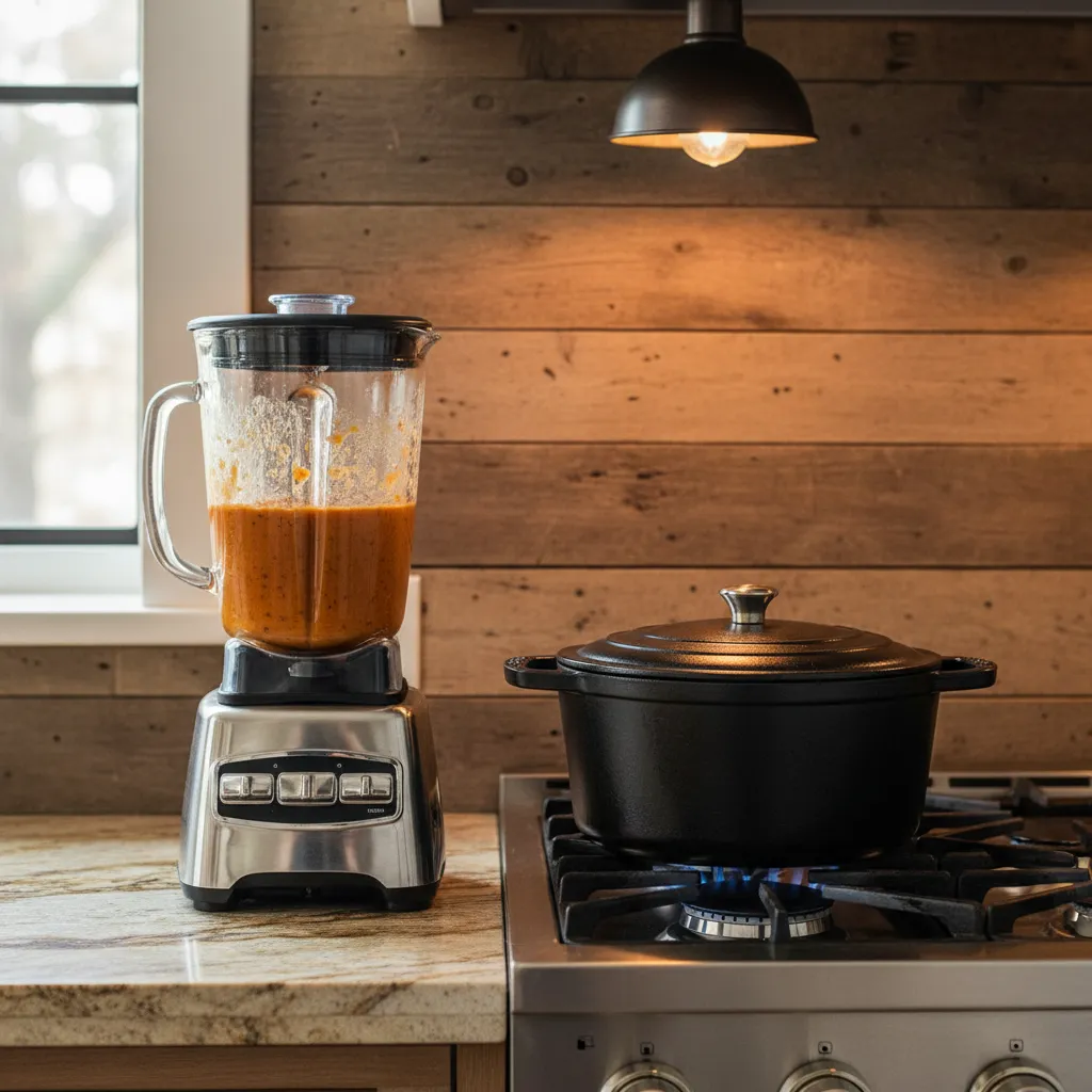 A blender with smooth vegetable puree in a luxury kitchen setting