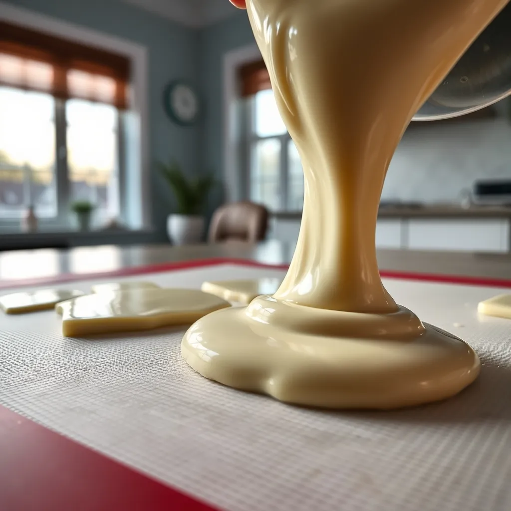 White chocolate being spread on a baking sheet