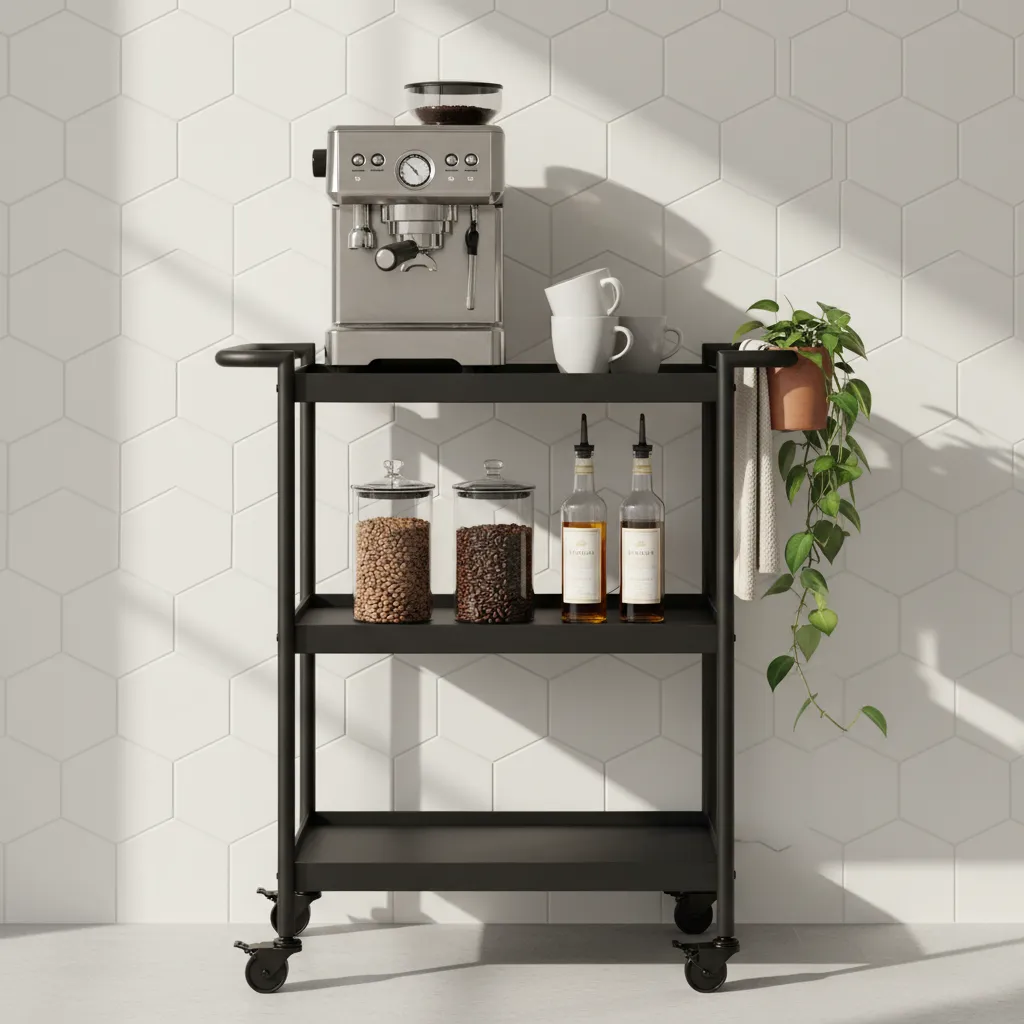 A sophisticated rolling utility cart used as a DIY home coffee bar station with an espresso machine and organized accessories.