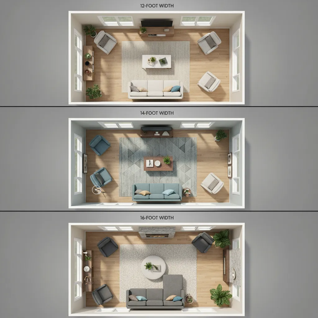 Comparison of furniture layouts for 12, 14, and 16 foot wide mobile home living rooms