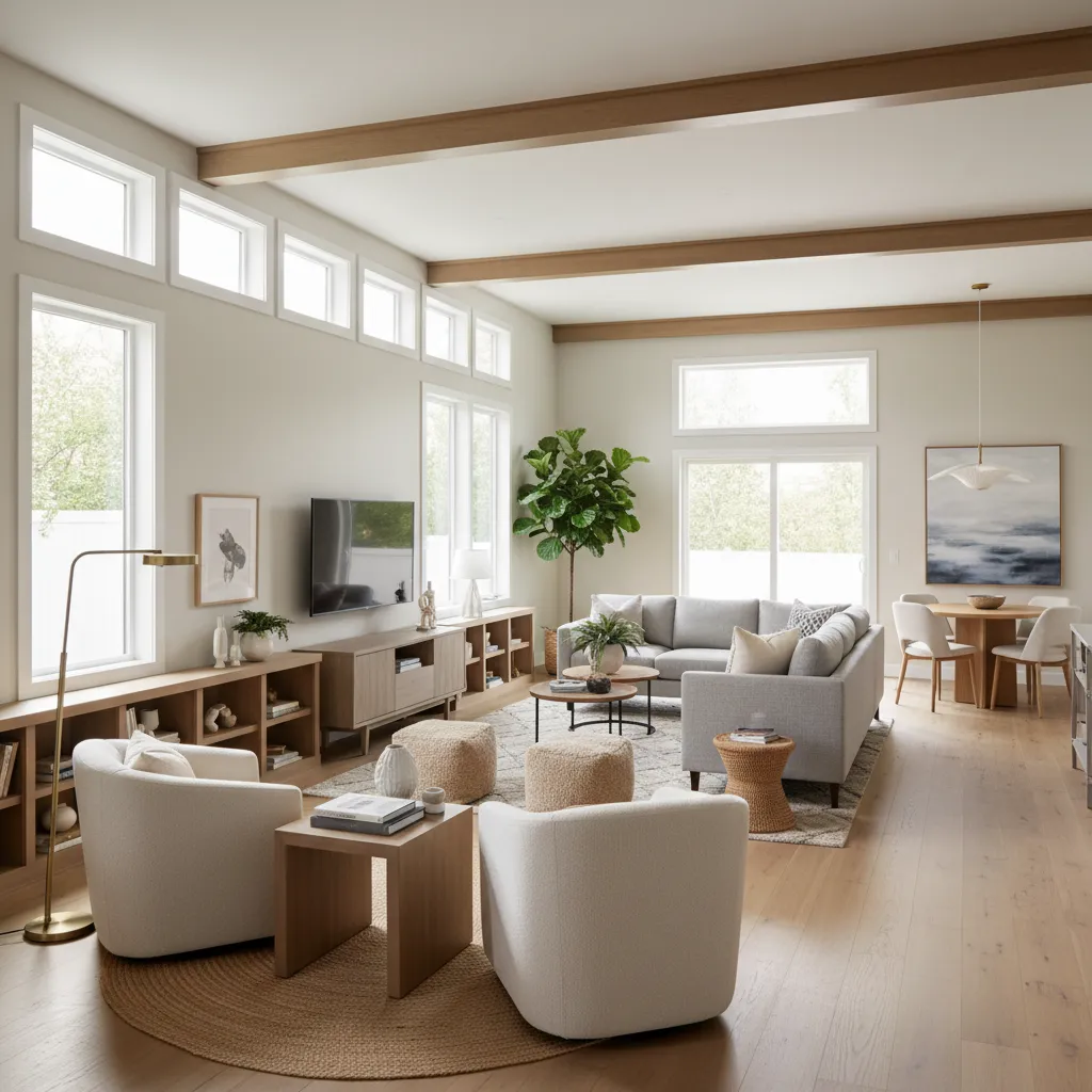 Modern single wide trailer living room with zoned furniture placement