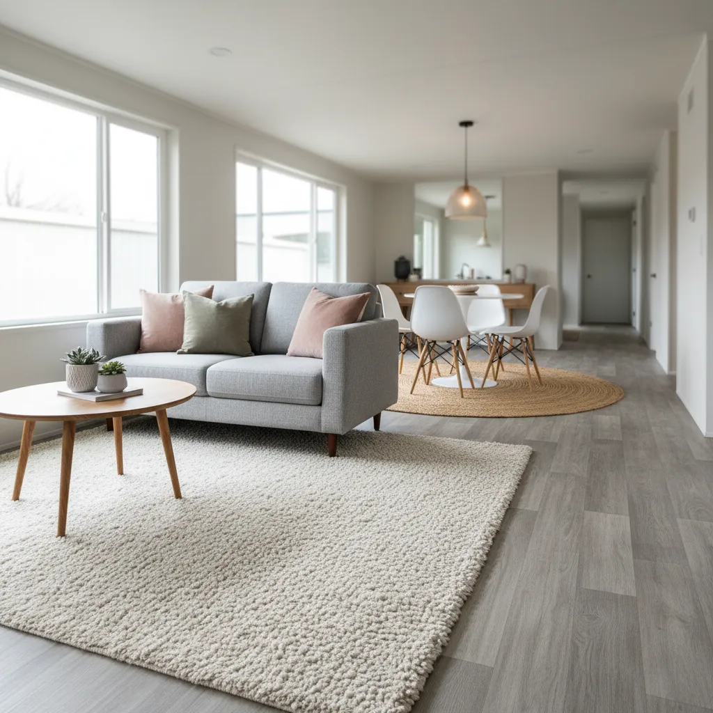Modern single wide mobile home living room divided into functional zones using textured area rugs
