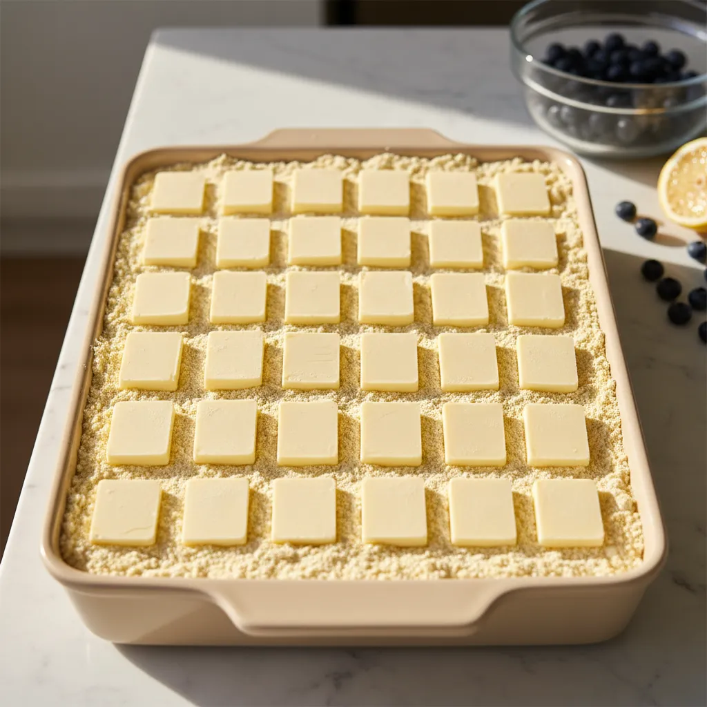 sliced butter squares arranged on dry cake mix for dump cake