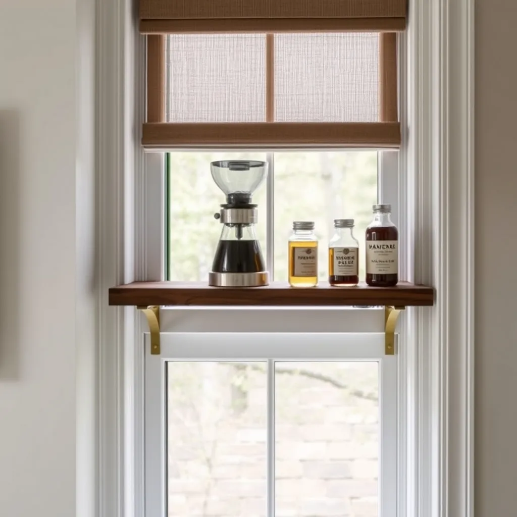 A narrow window ledge with a wooden extension for extra coffee bar storage.