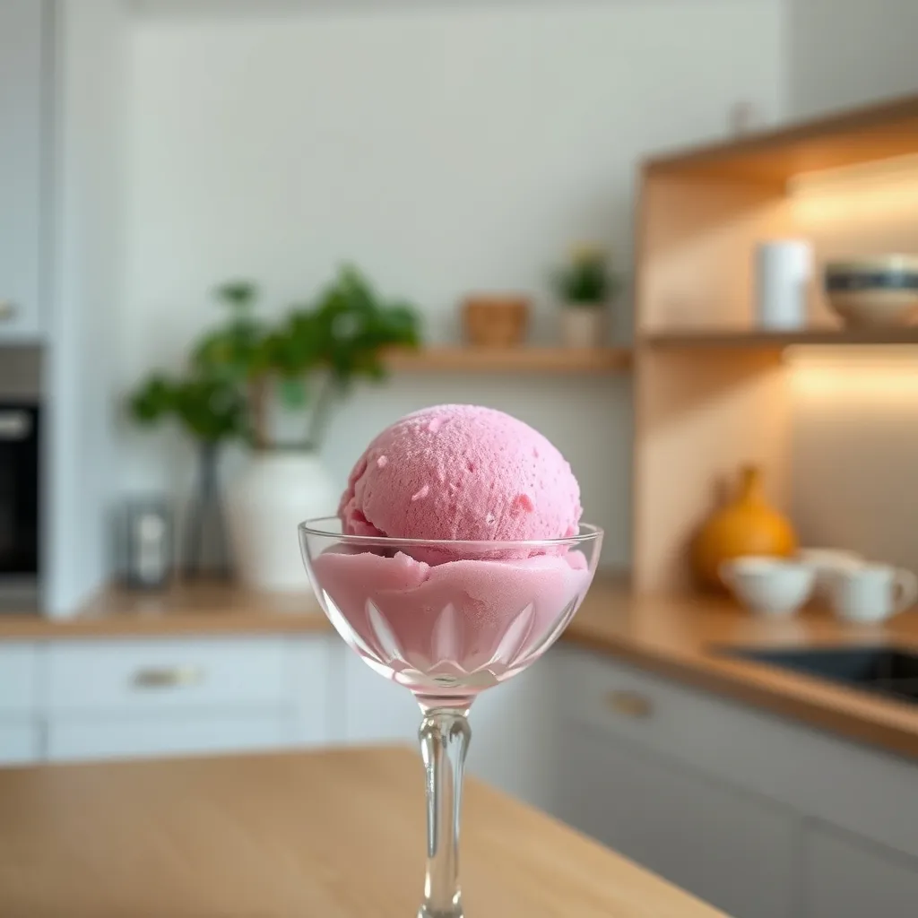 Close up of strawberry banana ice cream texture in a crystal glass on a minimalist shelf.