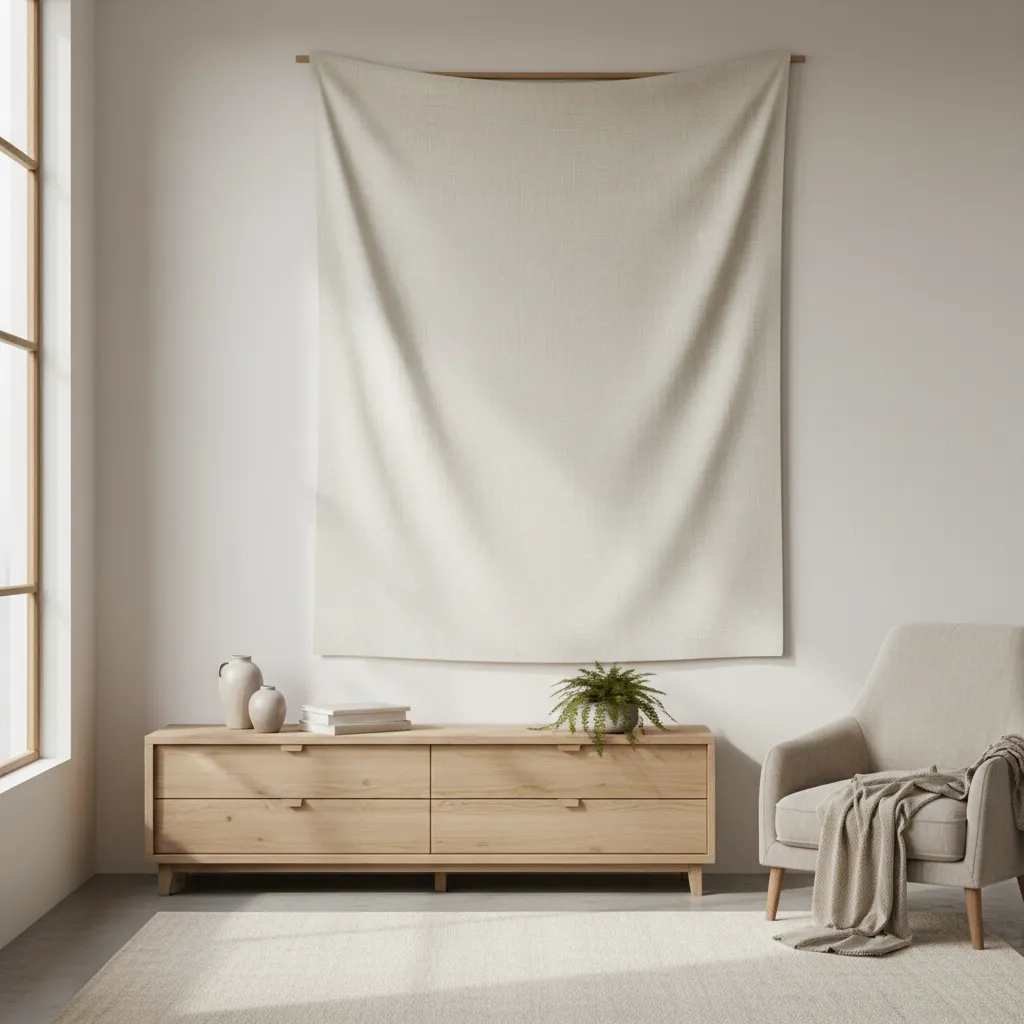 Wrinkle-free linen tapestry hanging in a sunlit bedroom above a wooden dresser
