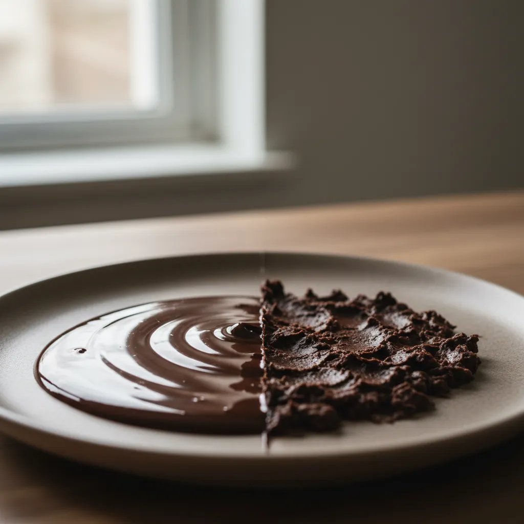 Macro comparison of glossy melted chocolate versus grainy seized chocolate