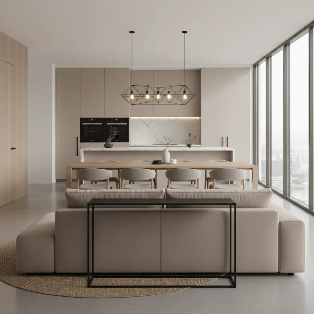 Console table behind sofa acting as a divider in open living room