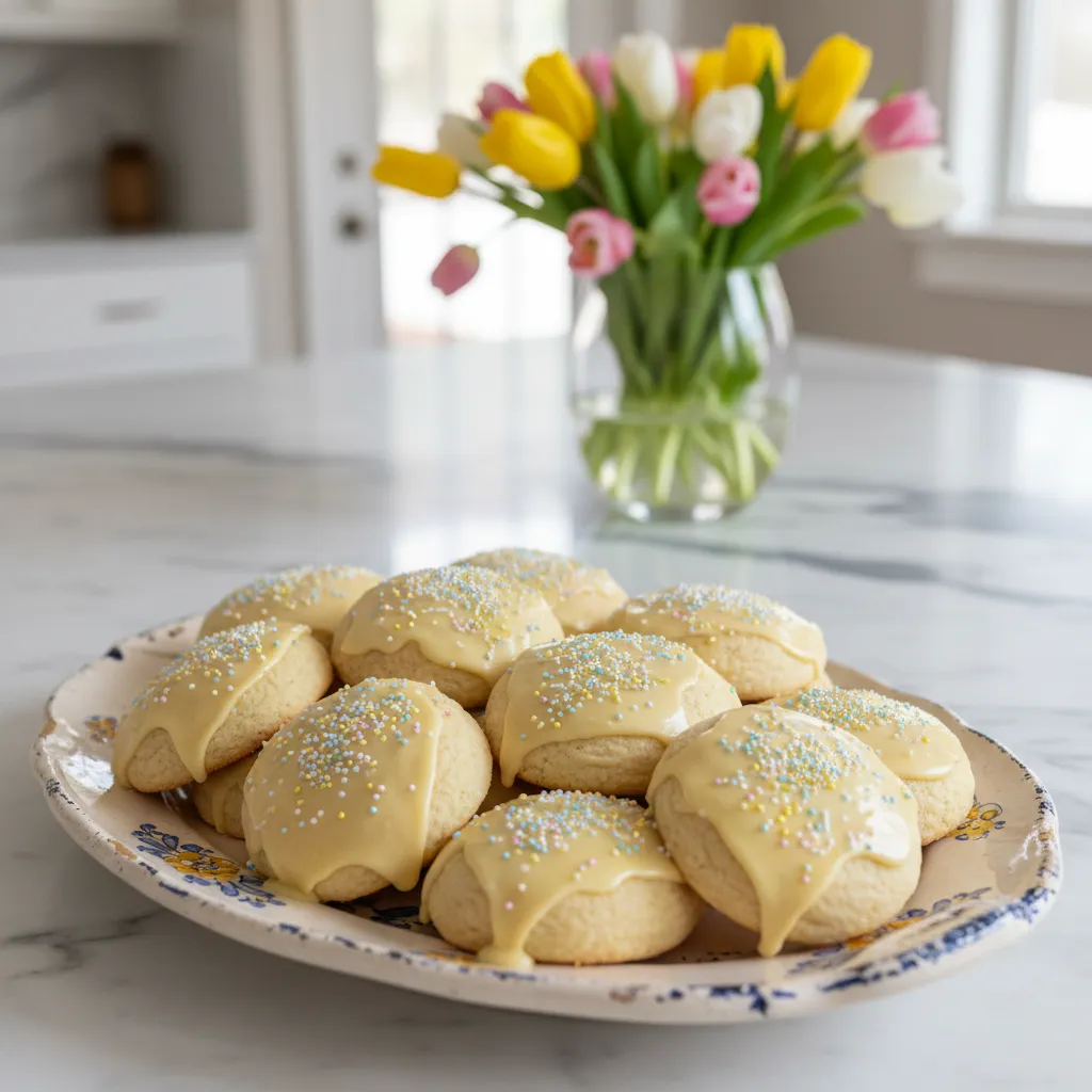Italian Easter drop cookies with pastel glaze and sprinkles on a ceramic serving tray
