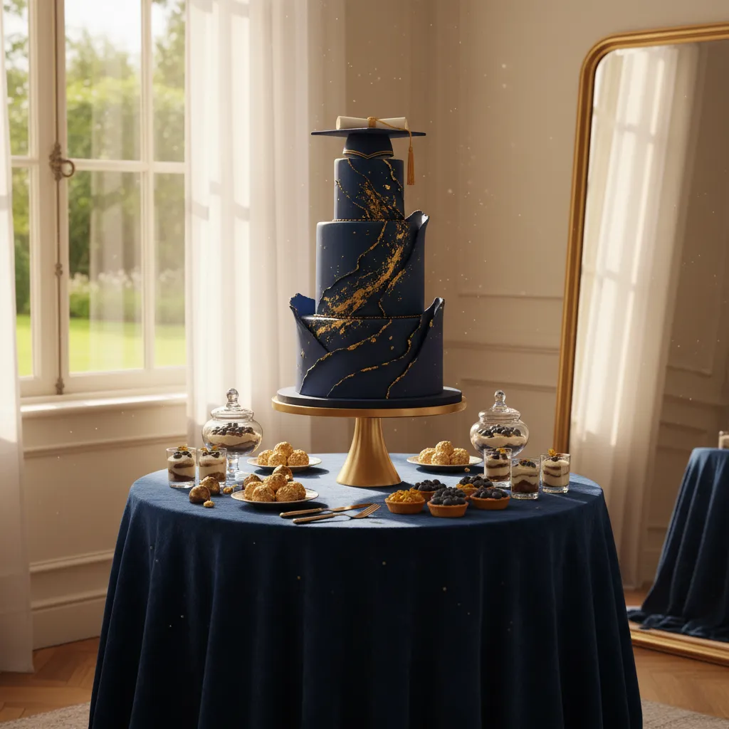 Elegant graduation cake display on a velvet table runner with warm lighting