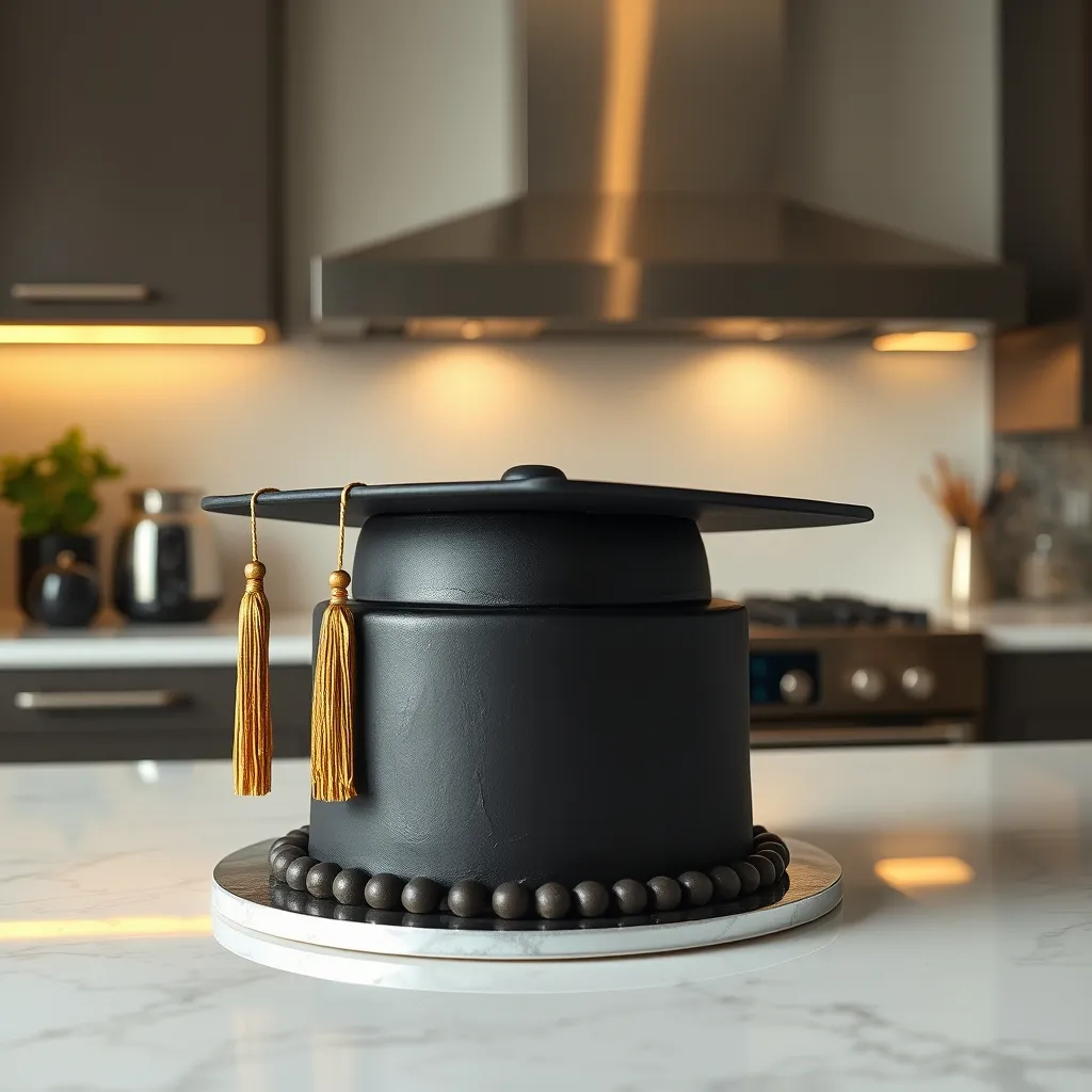 A black graduation cap cake with a gold tassel and hidden candy interior on a marble stand.