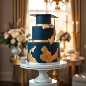An elegant three-tier navy and gold high school graduation cake with gold leaf detailing and a fondant diploma.