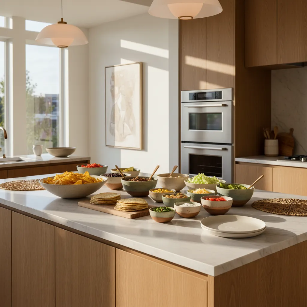 A deconstructed taco bar on a modern kitchen island with warm lighting