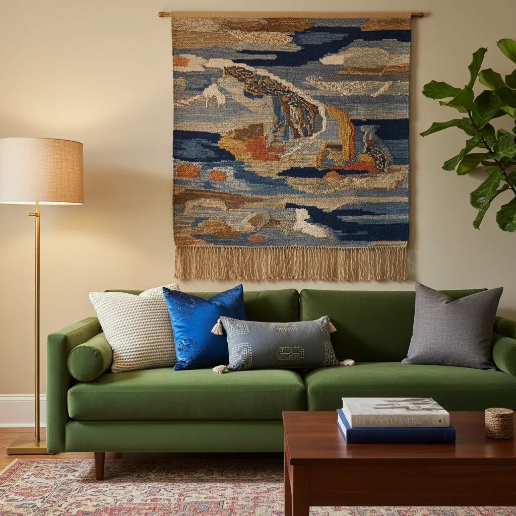 Luxury living room with woven tapestry and layered textured textiles