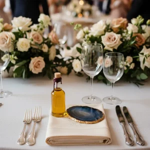 Miniature artisan olive oil bottle with wax seal and a gold-rimmed agate coaster used as a sophisticated wedding favor.