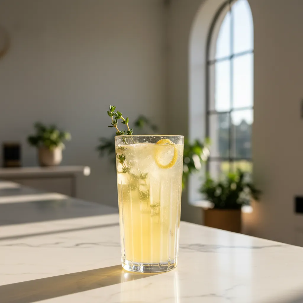 Crystal highball glass with sparkling limoncello mocktail and fresh thyme on marble counter